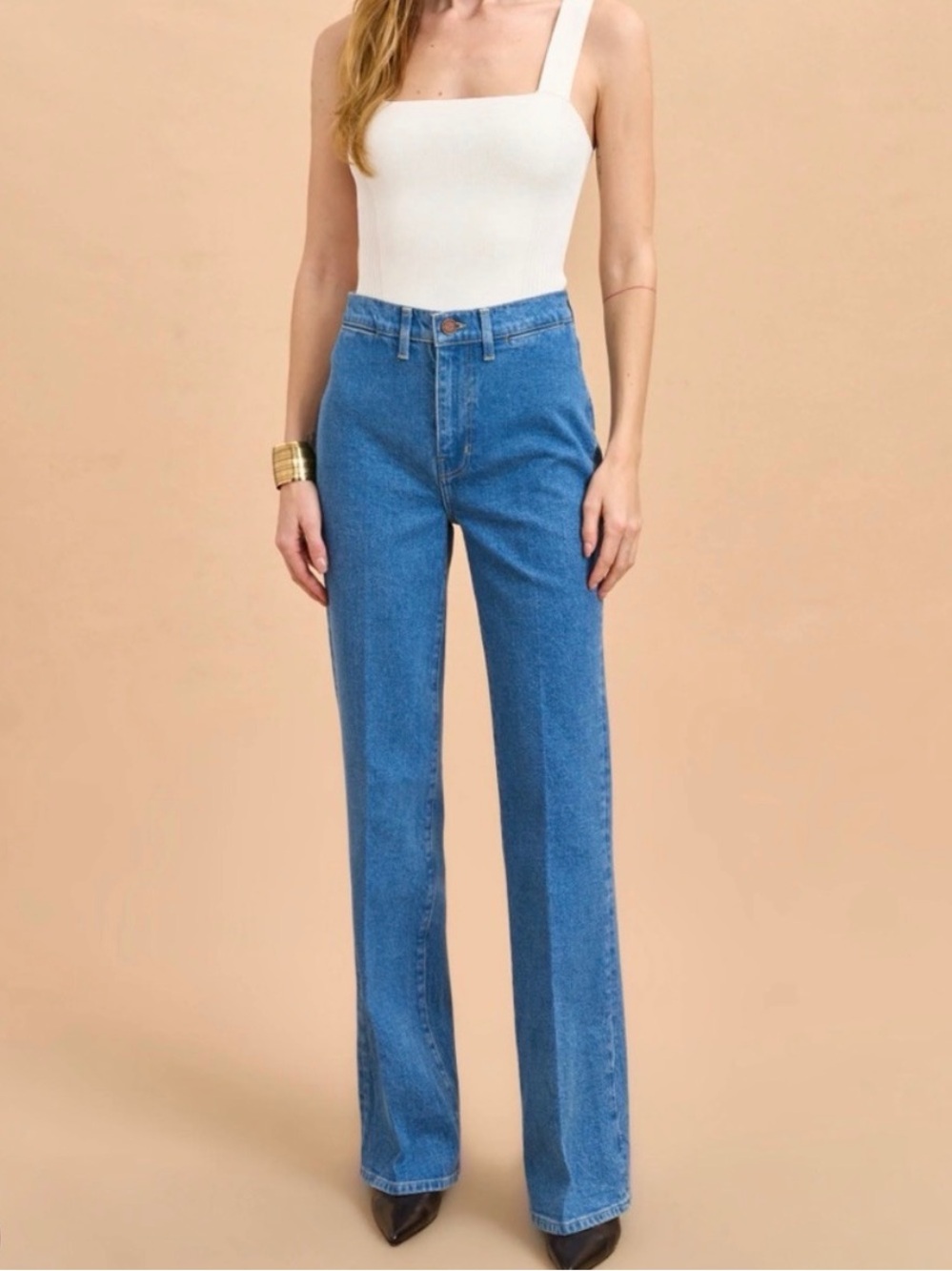 La Ligne Farrah High Rise Flare Jeans Medium Wash Wide Leg Denim